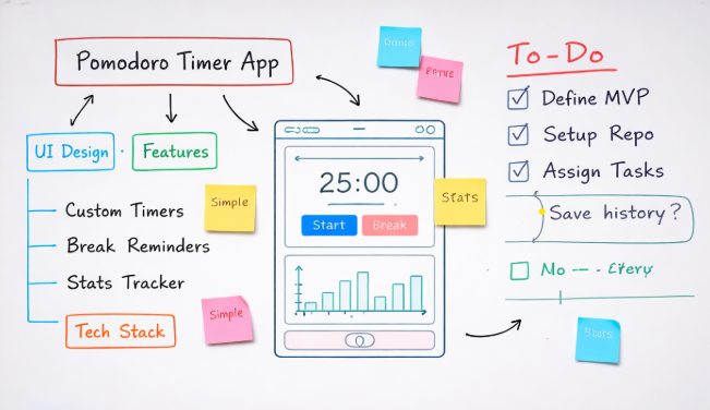 Whiteboard sketch of the app layout